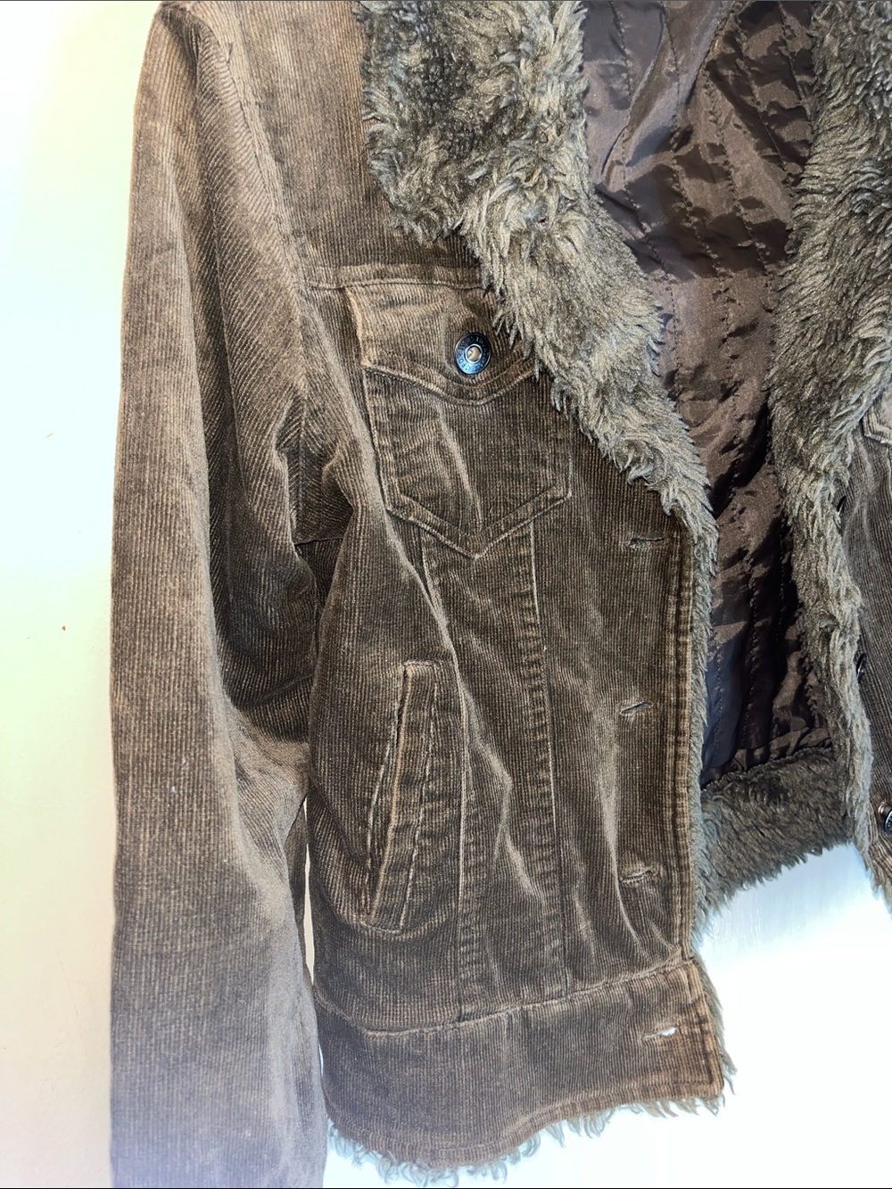Forever 21 Olive Green Corduroy Cropped Jacket size medium w/ Faux Fur Trim - Picture 4 of 8
